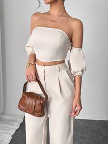 2 件套女士夏季休闲优雅服装套装：纯色抹胸和高腰阔腿长裤套装