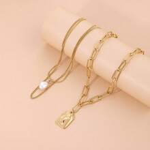 1pc Multi-Layer Heavy Metal Chunky Chain Faux Pearl & Geometric Pendant Necklace - Gold - View 4