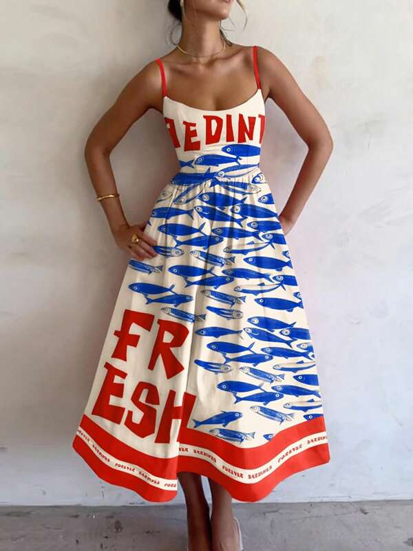 Bohemian Women's Spring And Summer Fashion Casual Elegant Holiday/Vacation Style Contrast Color English Letters Latin Fish Printed Strappy Dress