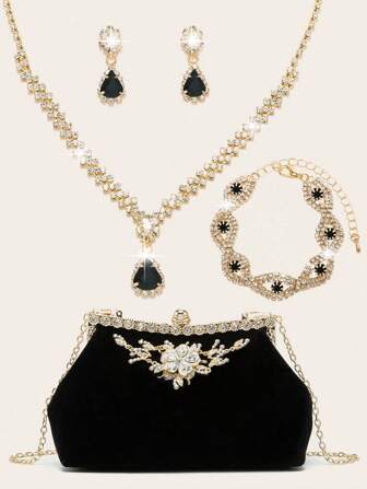 Ladies' Diamond Jewelry Sparkling Luxury Water Diamond Jewelry Set Sparkling Necklace Earrings Bracelet Set Carving Diamond Soft Bag Banquet Handbag Ladies' Handbag Banquet Bag Personalized Bridal Wedding Handbag Sparkling Elegant Handbag