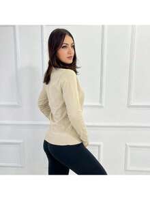 Women's Knitted Linen Cardigan With Button Closure - Beige - View 2
