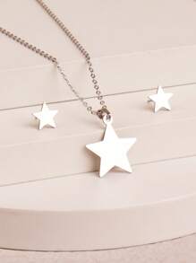 3pcs/Set Fashionable Stainless Steel Star Necklace Earring Set, Moon Star Necklace Earring Set, Simple Engagement Jewelry Set, Holiday Gift, Neutral Style, Suitable For Daily Wear