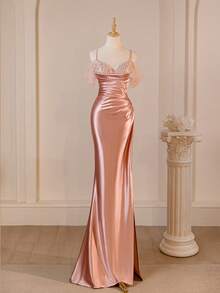 Graceful Pink Satin Spaghetti Strap Fitted Dress For Valentine's Day, Sisters, Evening Party, Wedding Season, Bridesmaid Dress - Pink - View 1