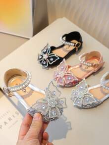 Kids Fashion Elegant Rhinestone Beaded Bow Decor Princess Flat Shoes - Black - View 4