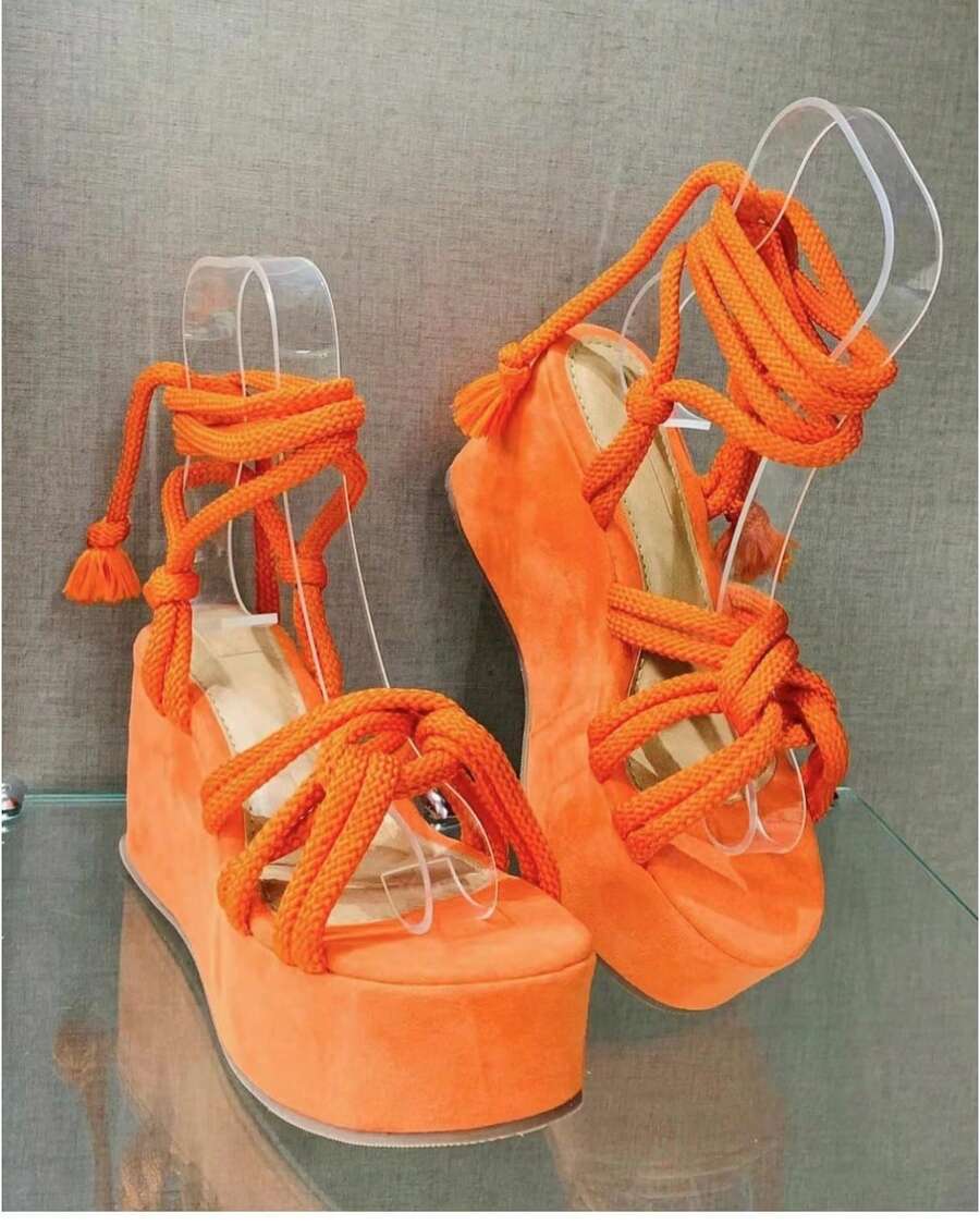 Women's Shoes 2025 Summer Fish Mouth Strap Wedge Sandals Female Women's Large Size Thick Sole Shoes - 桔色 - 查看 1