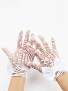 1 双儿童蕾丝蝴蝶结手套夏季薄款女童弹力网眼蝴蝶结公主适合派对和节日活动 - 1Pair - 查看 4