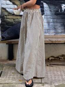 Casual Elastic Waist Loose Striped Wide Leg Pants, Versatile Style