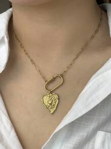 1pc Luxury Gold Stainless Steel Heart Pendant Necklace, Elegant Design Suitable For Daily Wear, Gift For Mother's Day