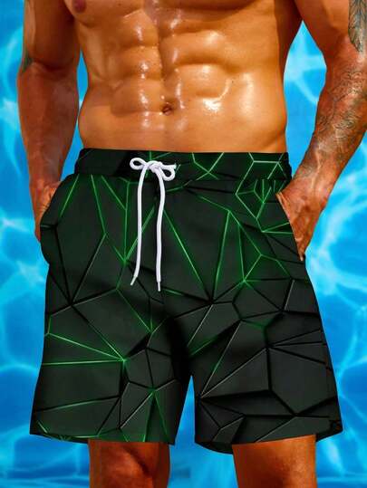 Pantalones cortos de playa con cordón, estampado digital 3D de arte geométrico de vacaciones hawaianas para hombre de talla grande, de una sola capa ligera para uso diario y vacaciones