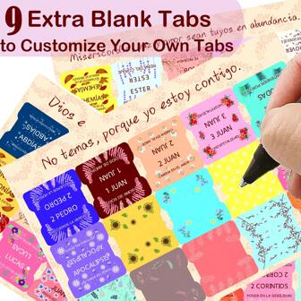 Pestañas de la Biblia en español con resúmenes de libros que nutren el alma en español - 75 pestañas laminadas de gran tamaño con pegatina, pestañas/etiquetas del Antiguo y Nuevo Testamento, nombre del libro de la Biblia + frase inspiracional del libro de la Biblia, suministros para el estudio bíblico, accesorios para llevar un diario, útiles escolares, regreso a la escuela