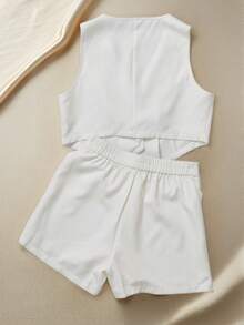 Conjunto de chaleco y pantalón corto de traje de 2 piezas para mujer, escote en V sin mangas de un solo pecho adecuado para primavera y verano, de alta gama y adecuado para viajar al trabajo y uso diario. - Blanco - Ver 3