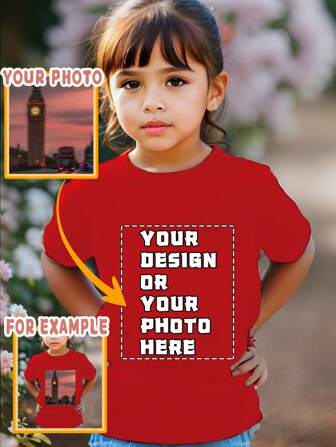 Customizable Personalized T-Shirt With Printed Photo Or Design, Creative Pattern, Fashion Tee For Girls, Children Sports Top Short Sleeve Apparel, Quick Shipping, Red Color