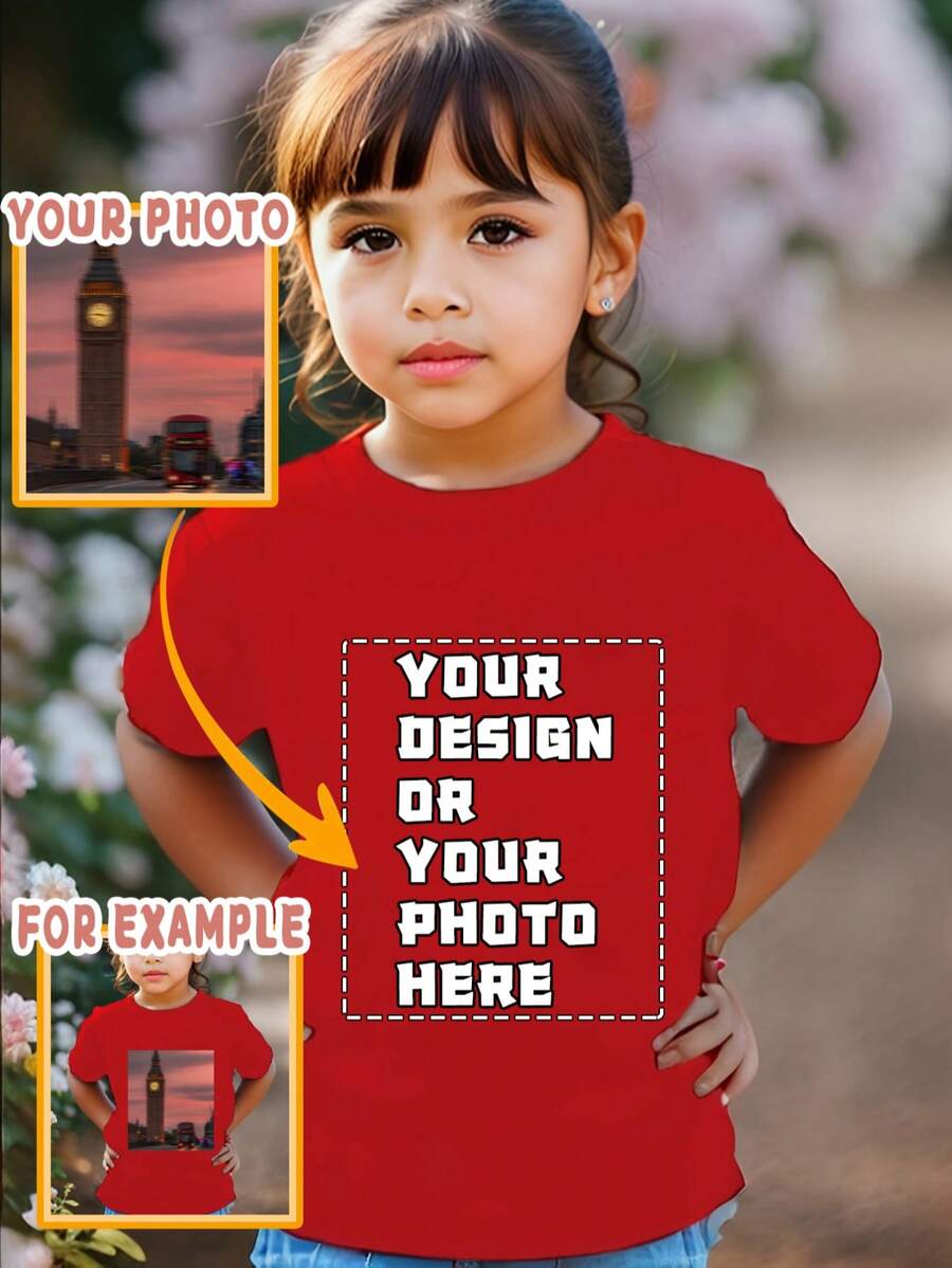 Gokntee Customizable Personalized T-Shirt With Printed Photo Or Design, Creative Pattern, Fashion Tee For Girls, Children Sports Top Short Sleeve Apparel, Quick Shipping, Red Color - Red - View 1