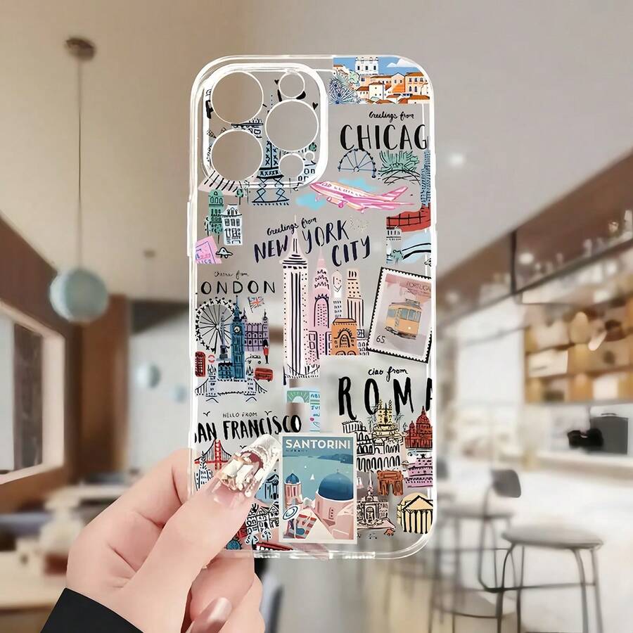 旅行 1 件简约透明防摔手机壳，带城堡和英文文字图案，适用于 16 Pro Max、15、14 Plus、13、12、11 和系列防水防震防刮 - 彩色 - 查看 1