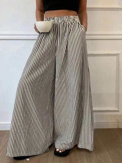 Casual Elastic Waist Loose Striped Wide Leg Pants, Versatile Style