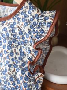 Young Girl Cute Floral Print Frill Cap Sleeve Mori Style Dress With Ruffle Hem, Summer
