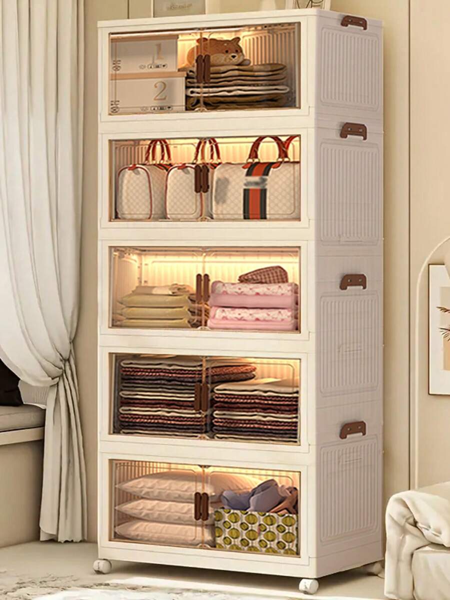 3layer  Home Decorations Display Rack Big Capacity Storage Cabinet Plastic Foldable Shoe Shelf Collapsible Clear Shoe Boxes Stackable With Door Easy Assembly Living Room Stuff - White - View 1