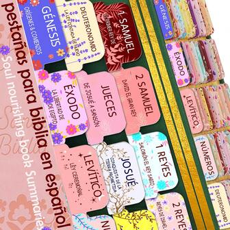 Spanish Bible Tabs With Spanish Soul Nourishing Book Summaries – 75 Peel-And-Stick Large Print Laminated Bible Tabs,New&Old Testament Tabs/Labels,Bible Book Name+Bible Inspirational Book Summary Phrase,Bible Study Supplies,Journaling Accessories,School Supplies,Back To School