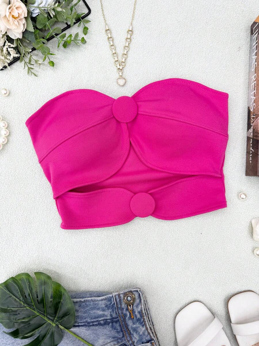 ELLIE Women's Strapless Crop Top With Button Details - 玫紅色 - 查看 1