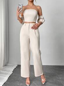 2 件套女士夏季休闲优雅服装套装：纯色抹胸和高腰阔腿长裤套装