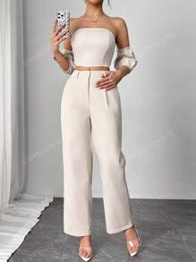 2 Stücke Damen Sommer Lässig elegantes Outfit Set: Einfarbiges Bandeau-Top und high-waist Weit geschnittene lange Hose Set