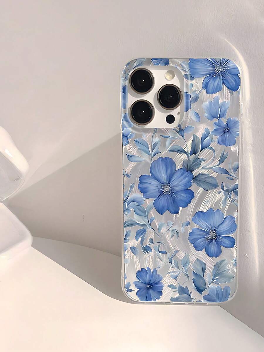 1 pieza Funda de teléfono con diseño floral azul minimalista, con brillo, suave, a prueba de agua y anti-deslizante, compatible con teléfonos Apple