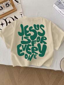 Young Boy Casual Cute Green Letter Print Graphic Round Neck Summer T-Shirt - Khaki - View 1