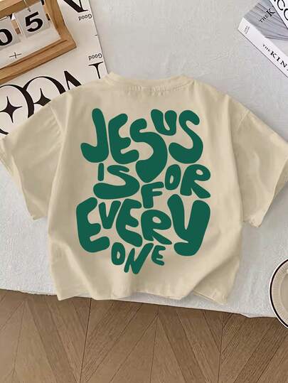 Young Boy Casual Cute Green Letter Print Graphic Round Neck Summer T-Shirt