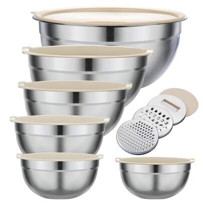 6 Pieces Mixing Bowls With Lids And 3 Pieces Grater Attachments, Stainless Steel Salad Mixing Bowl Set, 32.12 Oz + 47.34 Oz + 64.25 Oz + 81.15 Oz + 108.2 Oz + 1.72 Gallon, Baking Tools, Home Kitchen Accessories