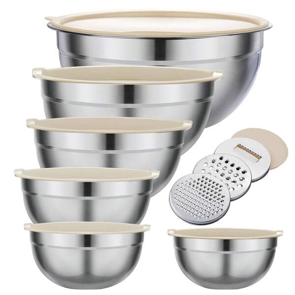 6 Pieces Mixing Bowls With Lids And 3 Pieces Grater Attachments, Stainless Steel Salad Mixing Bowl Set, 32.12 Oz + 47.34 Oz + 64.25 Oz + 81.15 Oz + 108.2 Oz + 1.72 Gallon, Baking Tools, Home Kitchen Accessories