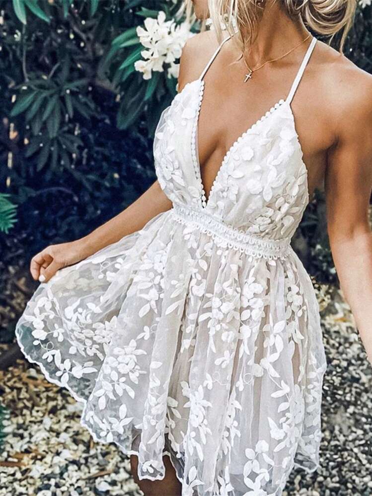 Women Y2K Summer Sleeveless Boho Dress Spaghetti Strap Deep V Neck Dress Shoulder Backless Beach Sundress Lady Lace Flower High Waist Dresses - 白色 - 查看 3