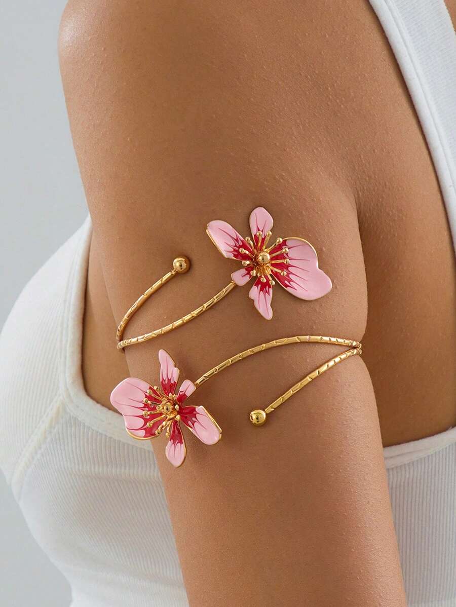 1pc Iron Alloy Double-Head Enamel Glazed Floral Open Bangle, Minimalist And Elegant Design, Suitable For Mother's Day Gift, Parties, And Everyday Wear