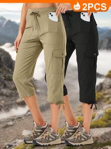 2 Piece Set Women's Cargo Capris Hiking Pants Lightweight Quick Dry Outdoor Athletic Travel Casual Loose Comfy Cute Pockets - 黑色-落葉綠 - 查看 1
