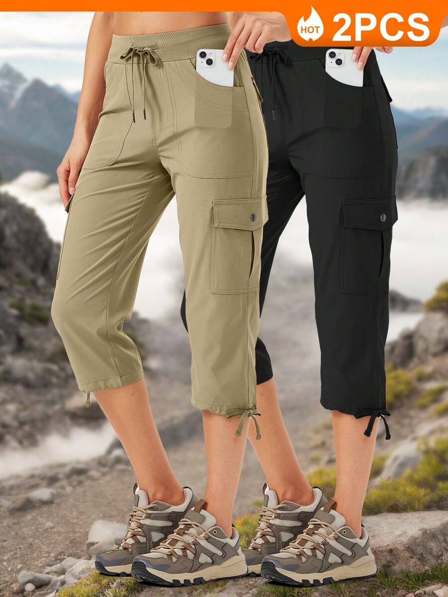 2 Piece Set Women's Cargo Capris Hiking Pants Lightweight Quick Dry Outdoor Athletic Travel Casual Loose Comfy Cute Pockets - 黑色-落葉綠 - 查看 1