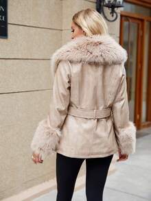 Giolshon 女士常规款皮草大衣 - 秋冬百搭休闲外套，含腰带 - 适合任何外出 - 米色 - 查看 3