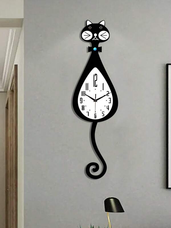 1 Pc, Fun Cartoon Cat Wall Clock With Tail Swing Function, Silent Clock, No Ticking Sound, Suitable For Room Decoration, Living Room Kitchen Decoration, Fun And Unique Home Decoration, Cat Enthusiast Gift Clock Wall Bedroom Decor Dormitory Decor Back To School