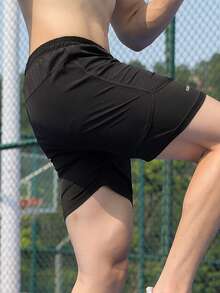 1 件男士休闲运动短裤带衬里，两件套，跑步、训练、健身、球类运动，透气短裤，内有隐形短裤，防擦伤