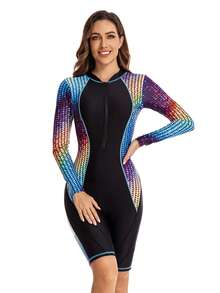 Women's One Piece Long Sleeve Swimsuit Women's Zip Printed Surf Suit Women's Sports Swimwear,Summer Holiday Outfits,Beach Vacation Outfits For Women - 黑色 - 查看 3