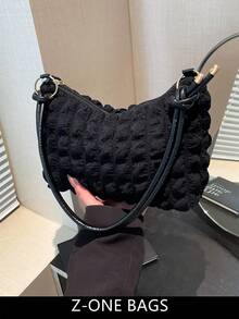 1pc Solid Color Chiffon Polyester Zipper Fashion Crescent Shoulder Bag, Suitable For Women Daily Use - Black - View 1