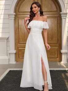 YUMIBRAVO Vestido de novia elegante de unicolor con hombros descubiertos, volantes en el bajo y abertura lateral - Blanco - Ver 5