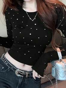 Fashion Rhinestone Embellished Slim Fit Long Sleeve Cropped T-Shirt, Spring/Autumn - Black - View 7