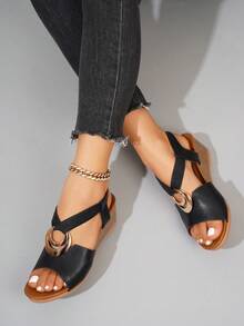 2025新款时尚女凉鞋，纯色套穿搭扣设计，女士坡跟厚底鞋，适合休闲、度假、海滩、派对、户外活动、春夏装扮。 - 黑色 - 查看 3