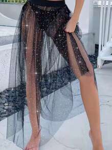 Rochie de petrecere pentru club de noapte, la modă europeană și americană, fustă lungă sexy transparentă, fuste versatile pentru petrecere