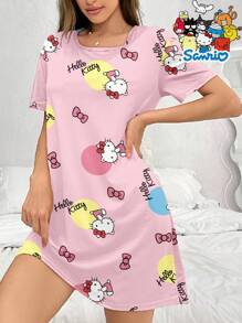 Sanrio Vestido de dormir casual de verano para mujer con cuello redondo y manga corta, estampado con Hello Kitty en color rosa