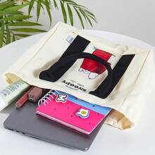 Miniso 1pc Snoopy Cartoon Pattern Canvas Tote Bag, Large Capacity Handbag, Travel Storage Bag, Reusable, Non-Deformable Shopping Bag (Beige) - Beige - View 6