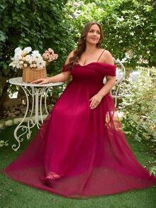 Plus Tulle Off The Shoulder Dress For Wedding Guest Evening Party - Red - View 7