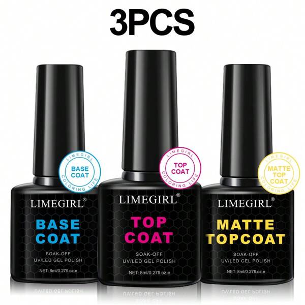 LIMEGIRL Gel Polish 3 Pcs 8ml No Wipe Gel Top Coat & Base Coat White Gel Polish Set Soak Off Uv Nail Lamp-Shine Finish And Long Lasting Glossy Top Coat Base Gel Nail Art Design Manicure Kit