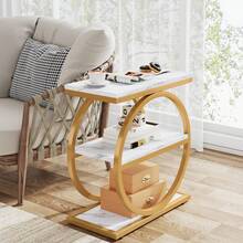 Tribesigns End Table, Narrow End Table With 3 Storage Shelves, Wood Side Table With Black Metal Frames, Industrial Small Sofa Side Table For Living Room, Slim Nightstand And Bedside Table For Bedroom - White & Gold - View 1