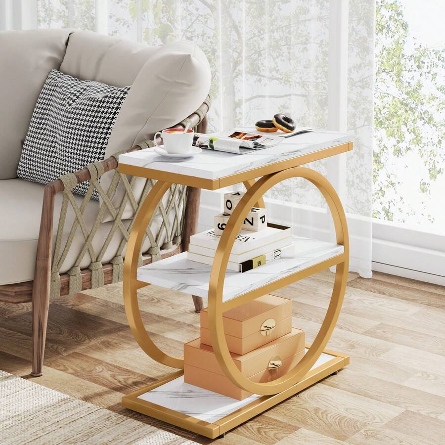 Tribesigns End Table, Narrow End Table With 3 Storage Shelves, Wood Side Table With Black Metal Frames, Industrial Small Sofa Side Table For Living Room, Slim Nightstand And Bedside Table For Bedroom - White & Gold - View 1