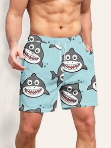 Casual & Fashionable 3D Printed Beach-Themed Drawstring Swim Trunks - Blue - View 1